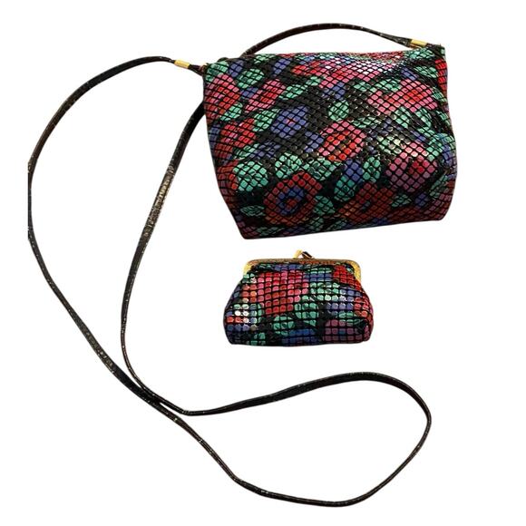 Vintage Unbranded Multi Color Floral Beaded Crossbody Bag and Change Purse - Picture 11 of 15